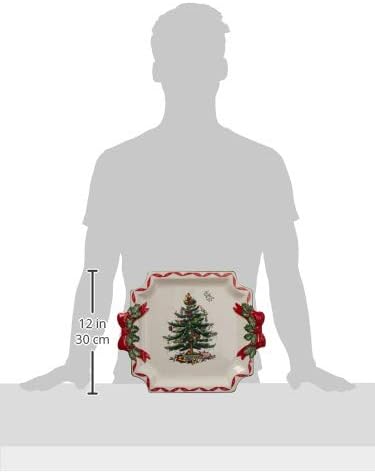 Spode Christmas Tree Ribbons Square Platter with Bow Handles - 11-Inch Holiday Serving Plate for Desserts, Appetizers, and Treats - Festive Christmas Dinnerware with Gold Accents - Dishwasher Safe