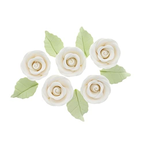 Global Sugar Art Premium Wedding Rose Edible Sugar Cake & Cupcake Flowers, Unwired White, 12 Count with Leaves by Chef Alan Tetreault