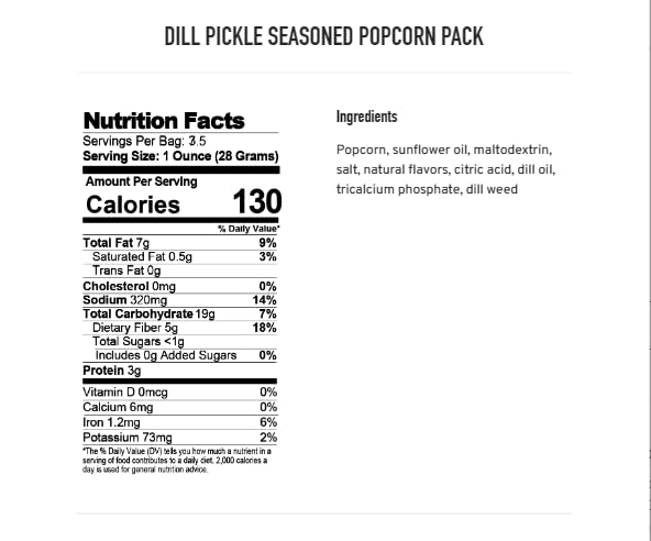 Safe + Fair Plant Based Gourmet Dill Pickle Seasoned Popcorn - Dill Pickle Seasoned Popcorn Non-GMO + Gluten Free + Vegan + Kosher Snacks (3 oz bag - 6 pack case)