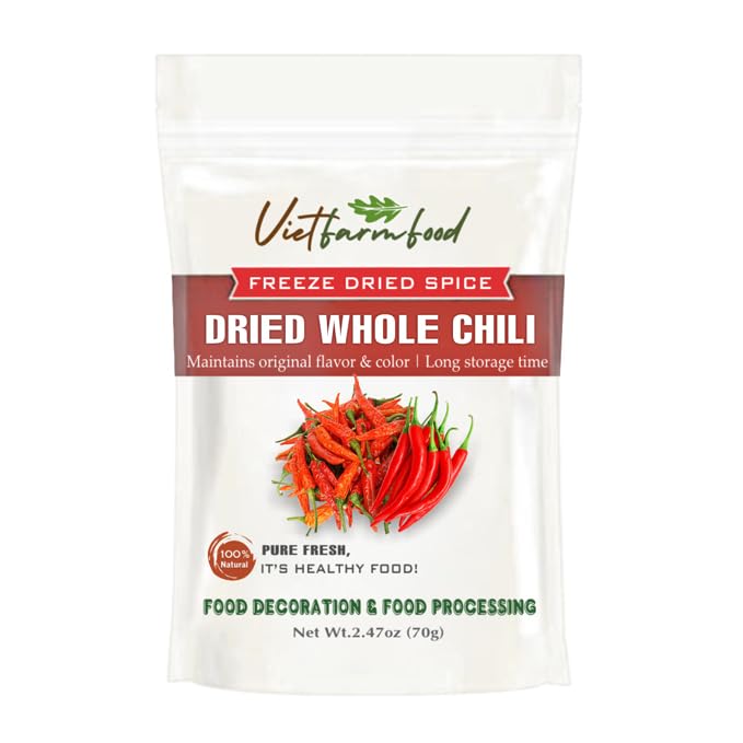 DRIED WHOLE CHILI 2.47 Oz (70g) VIETFARMFOOD: Pure, natural freeze-dried spice made from real vegetables and fruits - perfect for enhancing every meal, from cooking, baking, salads, soups, sauces