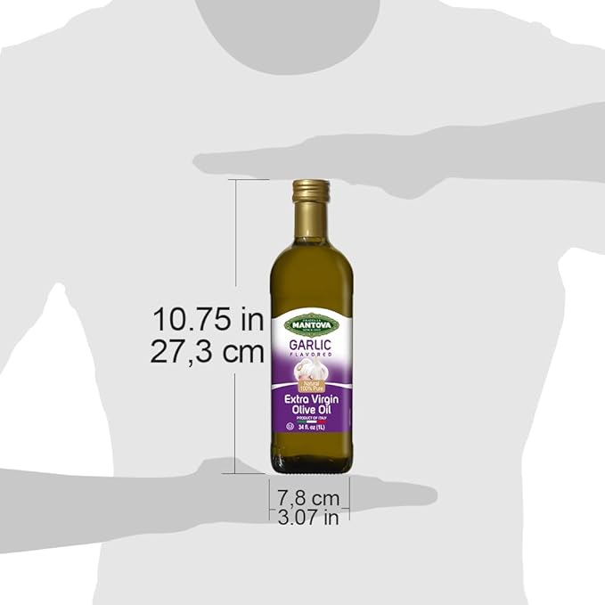 Mantova Garlic Extra Virgin Olive Oil (EVOO), Cold-Pressed and Imported from Italy 34 oz Glass Bottle - Flavorful Topping for Salads, Vegetables, and Pasta Dishes - Ideal for Dipping Italian Bread or Pan Frying - Convenient and Versatile (Pack of 2)