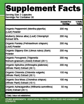 Clean Nutra Chlorophyll Peppermint Slippery Elm Spirulina Chlorella Fenugreek Ashwagandha Sea Moss Supplement ??Ph Balance for Women Detox Internal Deodorant Supplements + Prebiotics 60 Vegan Capsules