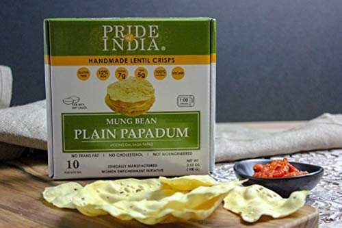 Pride Of India - Mung Bean Plain Papadum Lentil Crisp, Pack of 6-10 count (3.53oz - 100gm) - Protein Fiber & Iron Rich, Gluten-Free Vegan Lentil Crackers, Healthy Indian Appetizer, Ready in Seconds