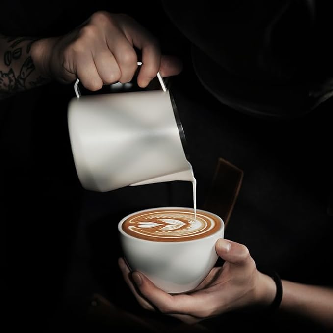 MHW-3BOMBER Milk Frothing Pitcher - 20oz/600ml Milk Frother Cup with U-Shaped Spout - SUS 304 Steaming Pitcher - Cappuccino Latte Art Cup for Barista - Quadrilateral Body - Cream White P5181-OS