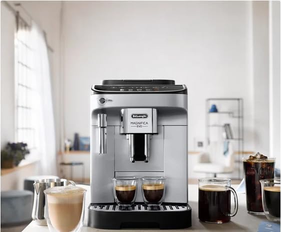 De'Longhi Magnifica Evo Automatic Machine Bean to Cup Espresso Cappuccino and Iced Coffee Maker, with Automatic Milk Frother, Colored Touch Display, Built-in Grinder, Black, Silver (Renewed)