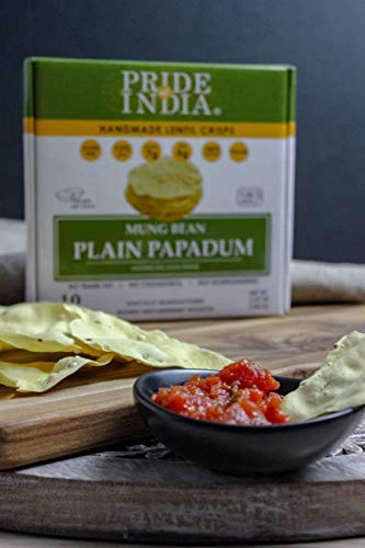 Pride Of India - Mung Bean Plain Papadum Lentil Crisp, Pack of 6-10 count (3.53oz - 100gm) - Protein Fiber & Iron Rich, Gluten-Free Vegan Lentil Crackers, Healthy Indian Appetizer, Ready in Seconds