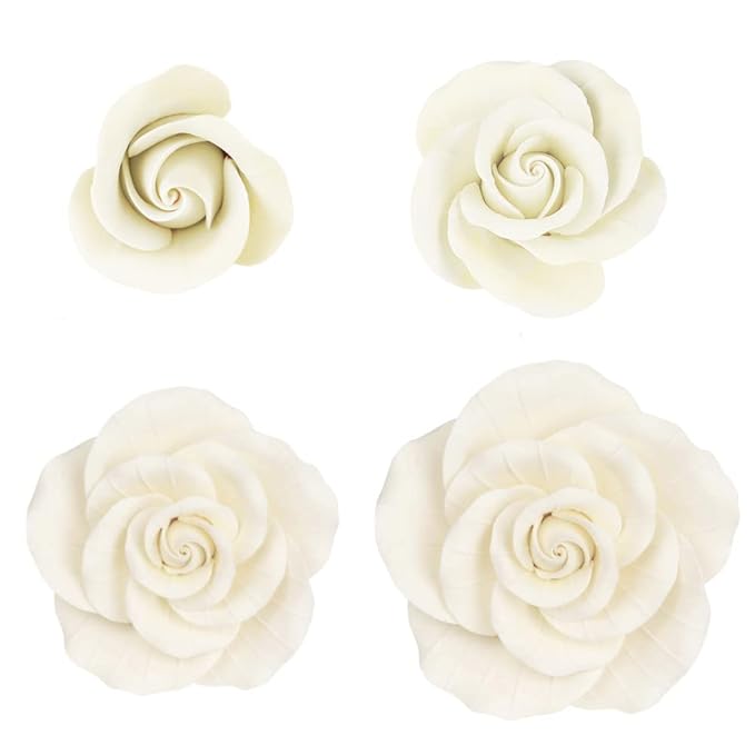 O'Creme Garden Roses Gumpaste Flower Set - White Edible Flowers for Cake Decorating - Sugar Paste Flower Decorations for Cakes, Candy, Cupcake Toppers - Birthday, Wedding, Valentines Day, Baby Shower