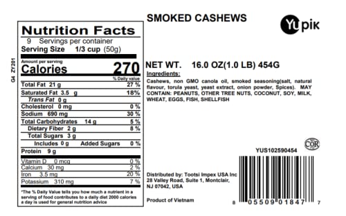 Yupik Smoked Cashews, 1 lb (16 oz), Kosher, Crunchy Seasoned Nuts, Unique Smoky Flavor, Source of Protein & Iron, Savory Snacks, Perfect for Parties, BBQ, Game Night