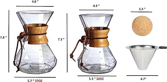 Pour Over Coffee Maker With Wood Sleeve竊?0oz/600mlPour Over Coffee Dripper,Pour Over Coffee Maker Set With Cork Stopper (20oz/600ml)