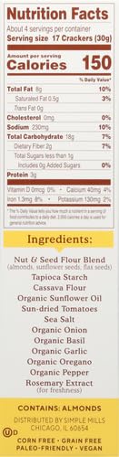 Simple Mills Almond Flour Crackers, Sundried Tomato & Basil - Gluten Free, Vegan, Healthy Snacks, Plant Based, 4.25 Ounce (Pack of 2)