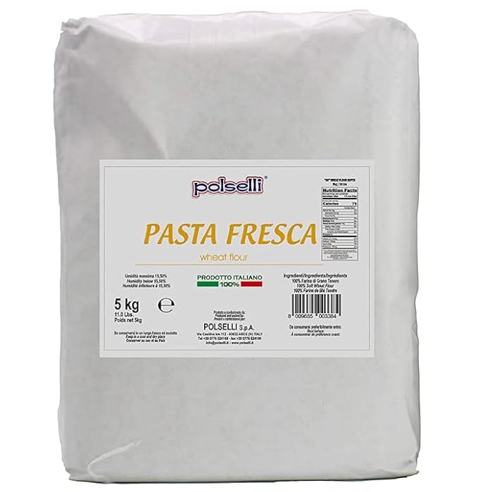 POLSELLI Fresh Pasta Flour, 100% Soft Wheat, 5 kg (11 lbs) Tipo 00, Bread Machine or Handmade Pasta for Bread, Gnocchi, Product of Italy