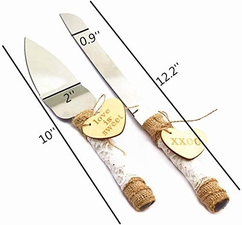 TANG SONG Rustic Style Stainless Steel Wedding Cake Knife and Serving Set Resin Plastic Handle with Twine Heart Love Wood Tag and Burlap Lace Design