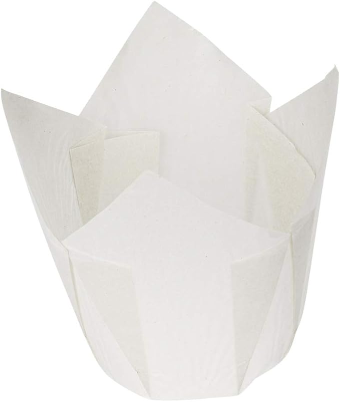 Restaurantware Panificio Premium 4 oz White Paper Tulip Baking Cup: Paper Baking Cups Perfect for Muffins Cupcakes or Mini Snacks - Greaseproof - Disposable and Recyclable - 200ct Box