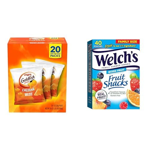 Goldfish Cheddar Cheese Crackers, Baked Snack Crackers, 1 oz On-the-Go Snack Packs, 20 Count Box and Welch's Fruit Snacks, Mixed Fruit Snack Box, Gluten Free, 0.8oz Snack Packs (Pack of 40)