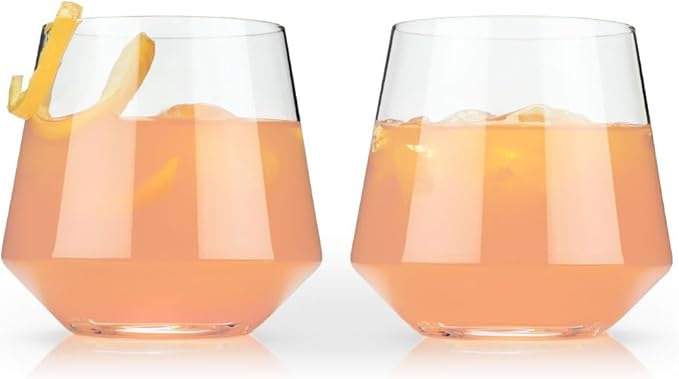 Viski Raye Angled Crystal Tumblers Set of 2 - Premium Crystal Clear Glass, Lowball Cocktail Glasses, Martini Glass Gift Set - 12 oz