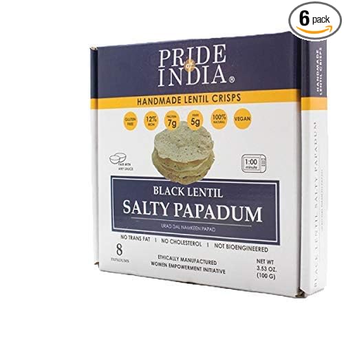 Pride Of India - Salty Black Bean Namkeen Papadum Lentil Crisp - Pack of 6-10 count Box (3.53oz - 100gm) - Lentil Chips, Gluten-Free Crackers, Healthy Snacks, Indian Snacks, Lentil Crackers