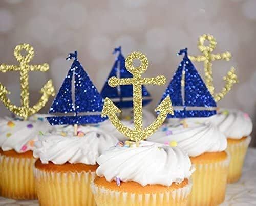 24 Pcs Nautical Theme Glitter Cupcake Picks Cupcake Toppers Food Fruit Picks for Decoration Party Favors