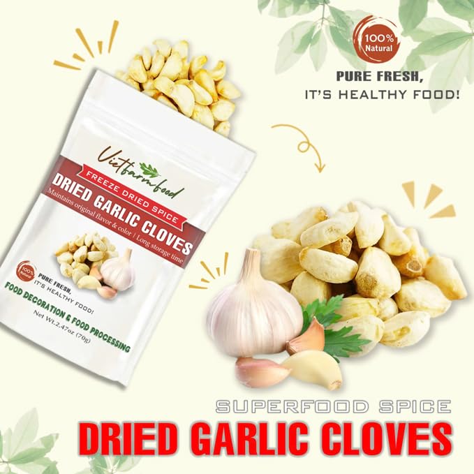 DRIED GARLIC CLOVES 2.47 Oz (70g) VIETFARMFOOD: Pure, natural freeze-dried spice made from real vegetables and fruits - perfect for enhancing every meal, from cooking, baking, salads, soups, sauces