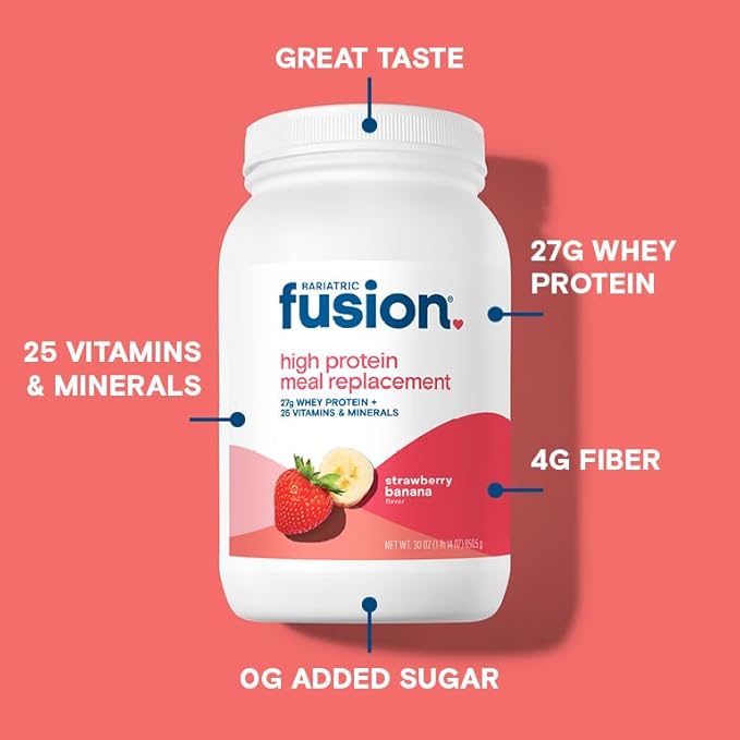 Bariatric Fusion Strawberry Banana Meal Replacement 27g Protein Powder, 21 Serving Tub for Bariatric Surgery Patients Including Gastric Bypass and Sleeve Gastrectomy - No Gluten, Aspartame or Sugar