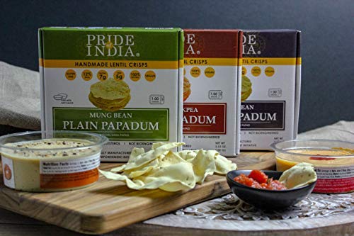 Pride Of India - Assorted Papadum Lentil Crisps - Plain, Salty & Spicy - Pack of 6 (2 Boxes per Flavor) - 6 * 3.53oz (100gm) per 10 Count Box - Party Perfect, Lentil Chips, Gluten-Free, Healthy Snack