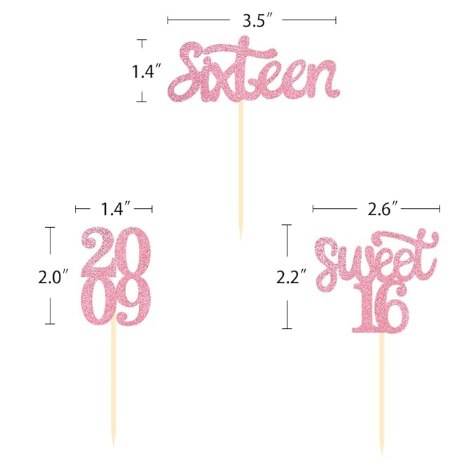 24 Pcs Sweet 16 Pink Glitter Birthday Cupcake Toppers for 16th Birthday Celebrating Party Decorations (Pink)