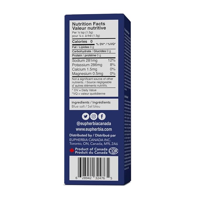 EUPHERBIA Blue Salt, Coarse, Rare Mineral Salt, High Potassium, Lower Sodium, Natural, Unprocessed, Hand Harvested, Kosher Certified, 100g (3.5 Oz)