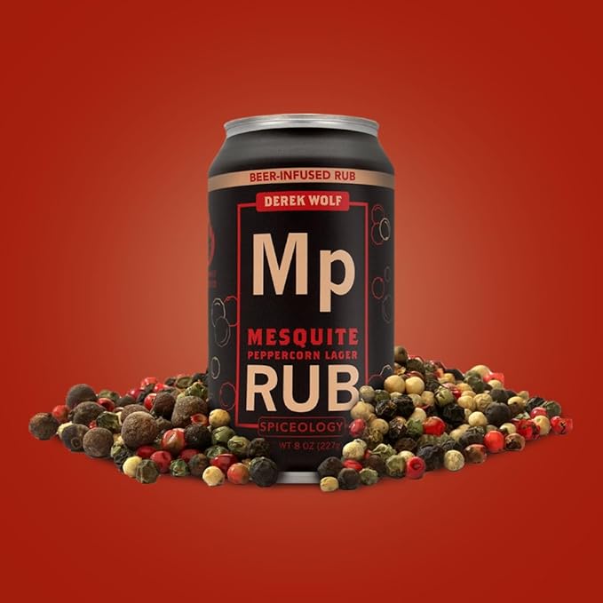 Spiceology & Derek Wolf - Mesquite Peppercorn Lager - Beer-Infused Barbecue Rubs, Spices and Seasonings - Use On: Beef, Chicken, Pork, Seafood, Vegetables, or Marinades - 8 oz Can with Resealable Lid