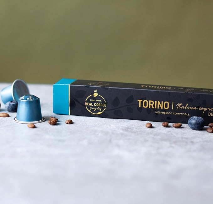 Decaf Italian ‘Torino’ Espresso Compatible with Nespresso | 100 Decaffeinated Aluminum Capsules | Bold Italian Flavor With No Buzz | Medium roast Arabica unfolds fresh fruits, flowers and honey