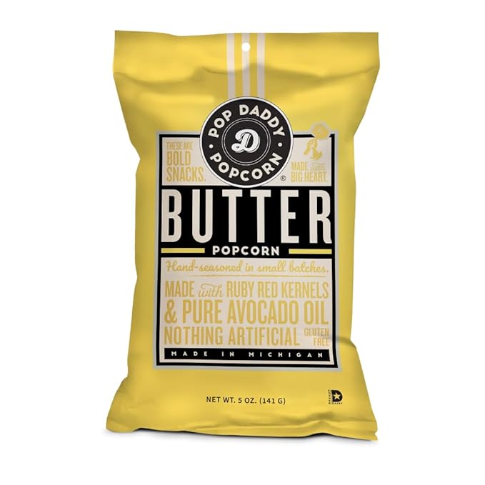 Pop Daddy Flavored Popcorn Gourmet, Butter Flavor Popped Popcorn, Hand Seasoned Ruby Red Kernels, Gluten Free Healthy Popcorn Snacks, 5oz Individual Bags, 3 Pack