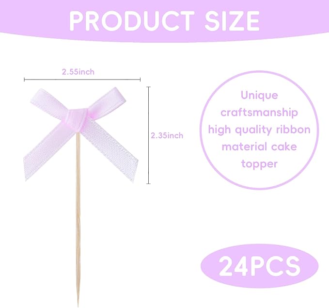 24Pcs Purple Bow Birthday Decorations Cupcake Toppers Supplies Purple Bow Baby Shower Cupcake Toppers Decorations for Girl Party Supplies Coquette Birthday Decorations