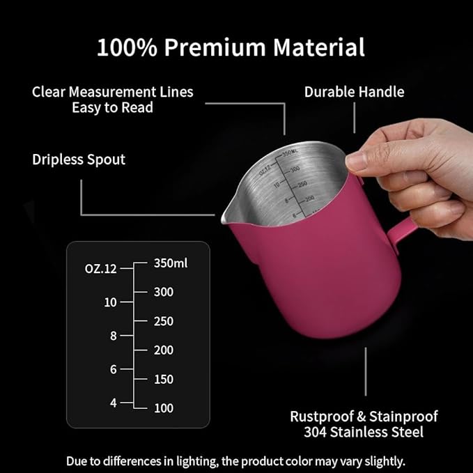 watchget Stainless Steel Milk Frothing Pitcher 12oz/350ml - Espresso Steaming Pitcher for Cappuccino, Latte Art, Coffee Machine Accessories Milk Jug Coffee Frother Cup, Rose Red
