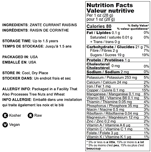 California Zante Currant Raisins, 1 Pound - Sun-Dried Seedless Grapes, Unsweetened, Unsulfured, No Added Oil, Vegan, Kosher, Bulk. Tangy-Sweet, Chewy, and Meaty. Great for Healthy Trail Mix Snack