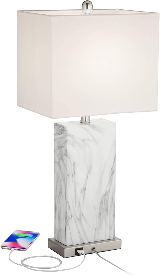 360 Lighting Connie Mid Century Modern Table Lamps 25" High Set of 2 with USB Charging Port White Faux Marble Rectangular Shade for Living Room Desk Bedroom House Bedside Nightstand Home