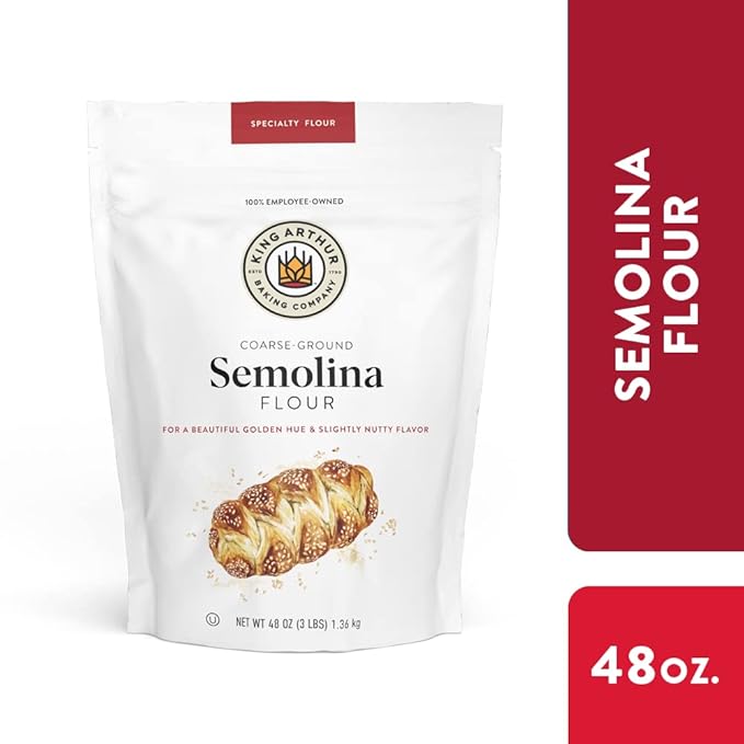 King Arthur Premium Semolina Flour: Coarse Ground, High Protein Durum Wheat for Perfect Pasta, Pizza, and Bread Making - Kosher, 3 lbs Resealable Bag, USA-Grown Wheat, Versatile Baking Ingredient