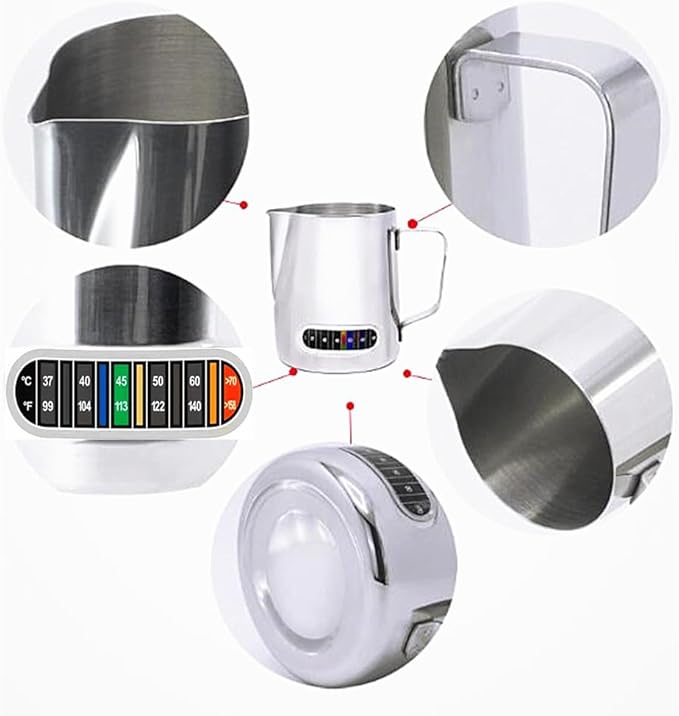 Milk Frothing Pitchers 21 oz (600 ml) with Integrated Thermometer,Latte Art Jug Stainless Steel Creamer Temperature Espresso Steaming Pitchers