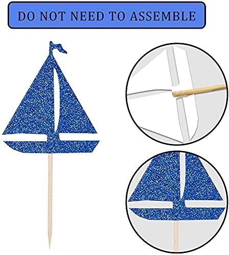 24 Pcs Nautical Theme Glitter Cupcake Picks Cupcake Toppers Food Fruit Picks for Decoration Party Favors