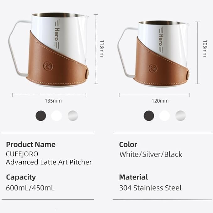 Milk Frothing Pitcher 450ml/16oz 304 Stainless Steel Espresso Steaming Pitcher with PU Leather, Milk Frothing Jug,milk frother cup,Milk Jug Cup,Premium Barista Tools,Latte Art (Bright 20oz)