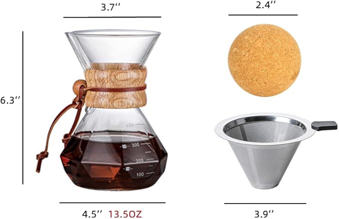 Pour Over Coffee Maker With Wood Sleeve竊?3.5oz/400mlPour Over Coffee Dripper,Pour Over Coffee Maker Set With Cork Stopper (13.5oz/400ml)
