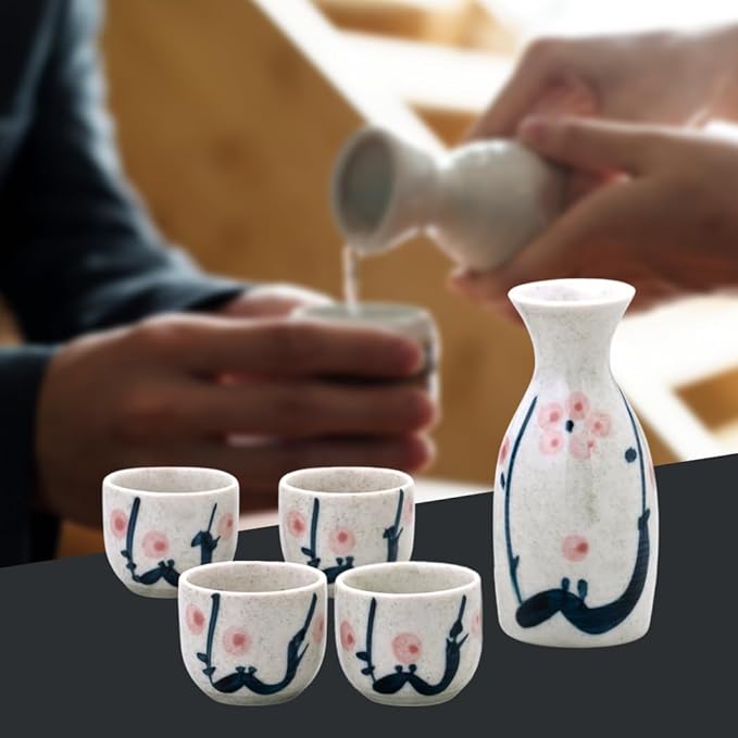 JapanBargain 4978, Japanese Porcelain Plum Sake Set Sake Carafe Bottle Sake Cups for Serving Hot Sake and Cold Sake, Made in Japan, White, 5 oz