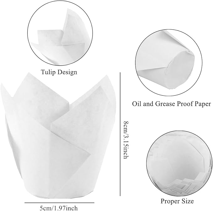 150 Pieces Tulip Cupcake Muffin Liners Paper Baking Cups Greaseproof Cupcake Wrappers for Birthday Wedding Party Baby Showers Catering Restaurants(White)