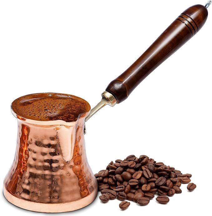 12oz Cezve Turkish Coffee Pot - Copper Turkish Ibrik, Greek Coffee Maker, Coffee Pot with Mango Wood Handle, Ideal for Authentic Turkish, Greek, Arabic Coffee