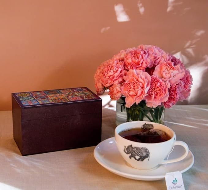 Octavius | Tile Motif Wooden Caddy Tea Sampler Pack | Assortment of 3 Black & 3 Green Teas | 30 Enveloped Double Chamber Tea Bags | Tea Sampler Variety Pack | Perfect for Tea Lovers | Pack of 1