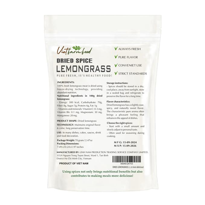 DRIED LEMONGRASS 2.47 Oz (70g) VIETFARMFOOD: Pure, natural freeze-dried spice made from real vegetables and fruits - perfect for enhancing every meal, from cooking, baking, salads, soups, sauces