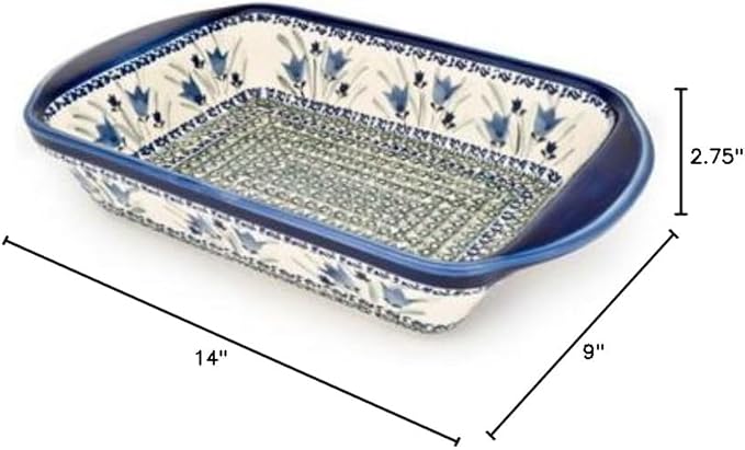 Blue Rose Polish Pottery Blue Tulip Large Rectangular Baker with Handles