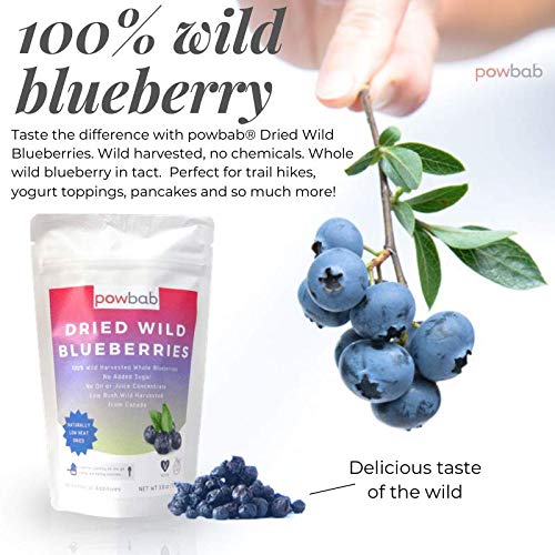 powbab Dried Wild Blueberries. 100% Whole Dried Blueberries No Sugar Added. No Sunflower Oil, No Apple Juice Concentrate. Canada Grown. No Sulfites. Unsweetened Blueberries, Keto. Gluten Free, Vegan.