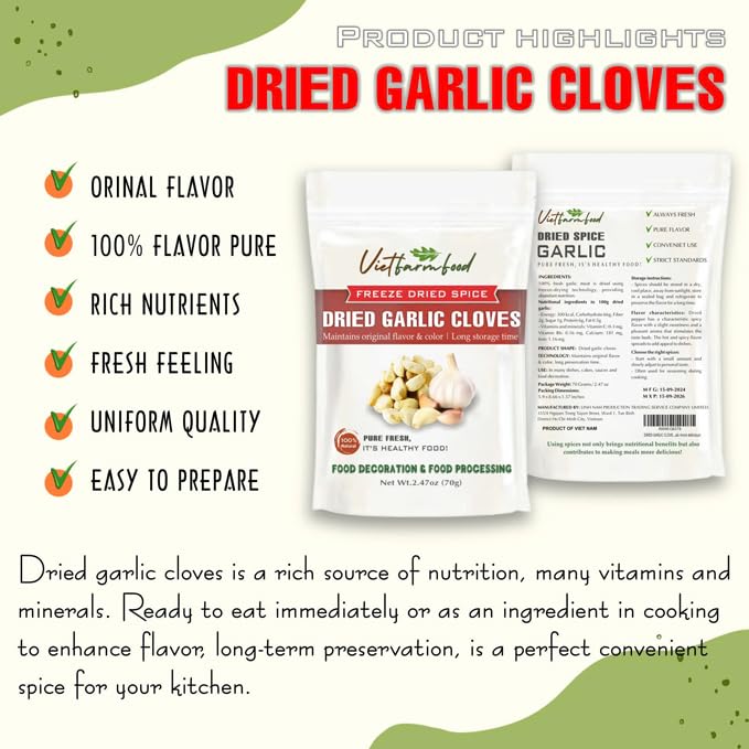 DRIED GARLIC CLOVES 2.47 Oz (70g) VIETFARMFOOD: Pure, natural freeze-dried spice made from real vegetables and fruits - perfect for enhancing every meal, from cooking, baking, salads, soups, sauces