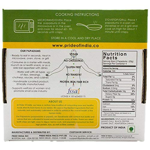 Pride Of India - Mung Bean Plain Papadum Lentil Crisp, Pack of 6-10 count (3.53oz - 100gm) - Protein Fiber & Iron Rich, Gluten-Free Vegan Lentil Crackers, Healthy Indian Appetizer, Ready in Seconds