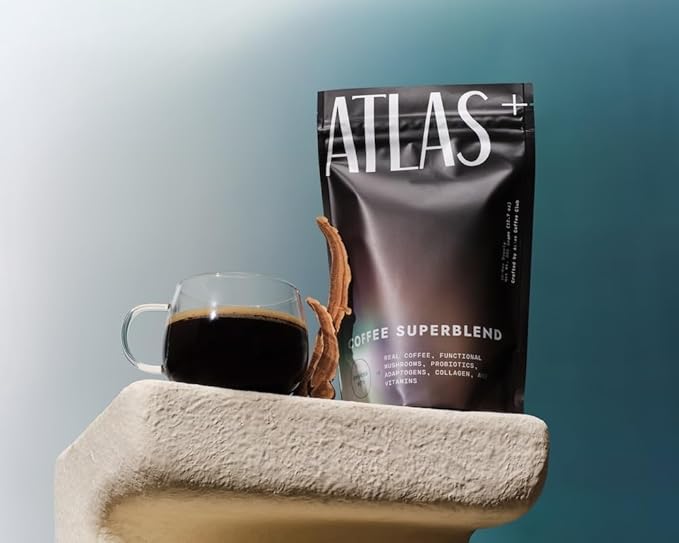 Atlas+ Coffee Superblend??Instant Mushroom Coffee with Lion?™s Mane, Reishi, Cordyceps, Ashwagandha, Probiotics, Vitamin D3 & B12??for Energy, Focus, Immunity & Gut Health??28 Servings (1 Bag)