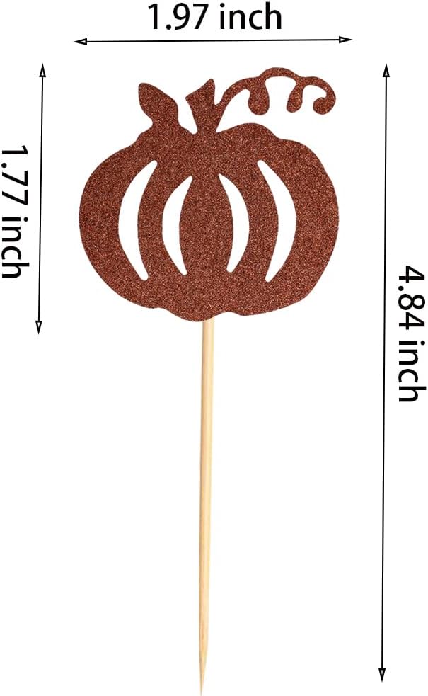 24pcs Pumpkin Cupcake Toppers - Brown Glitter Picks for Fall Theme Thanksgiving Halloween Birthday Baby Shower Party Decoration Supply