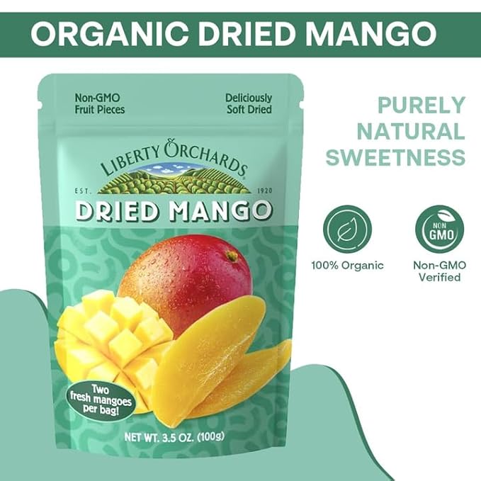 Liberty Orchard Organic Dried Mango - Naturally Sweet Fruit Snacks for Healthy Digestion & Busy Lifestyles - Sof Dried Two Fresh Mangos - Healthy Snack Ideal for Recipes & On-the-Go Energy - 5 Pack